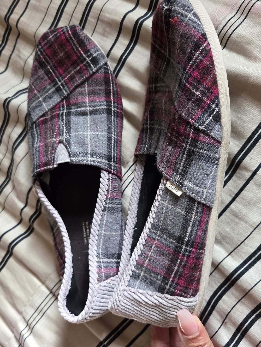 TOMS Women’s Gray and Red Plaid & Corduroy Slip-On Espadrilles